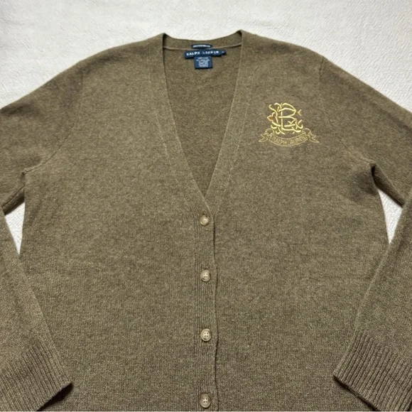 VTG Ralph Lauren Olive Green Wool Angora Vneck Crest Cardigan Sweater L Preppy - Picture 4 of 6